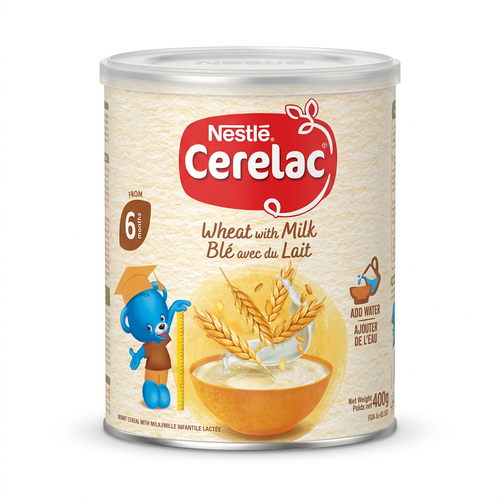 Nestlé Cerelac Wheat with Milk tin on a white background