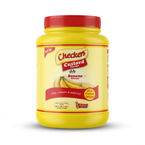 Checkers Banana Flavour Custard Powder jar on a white background