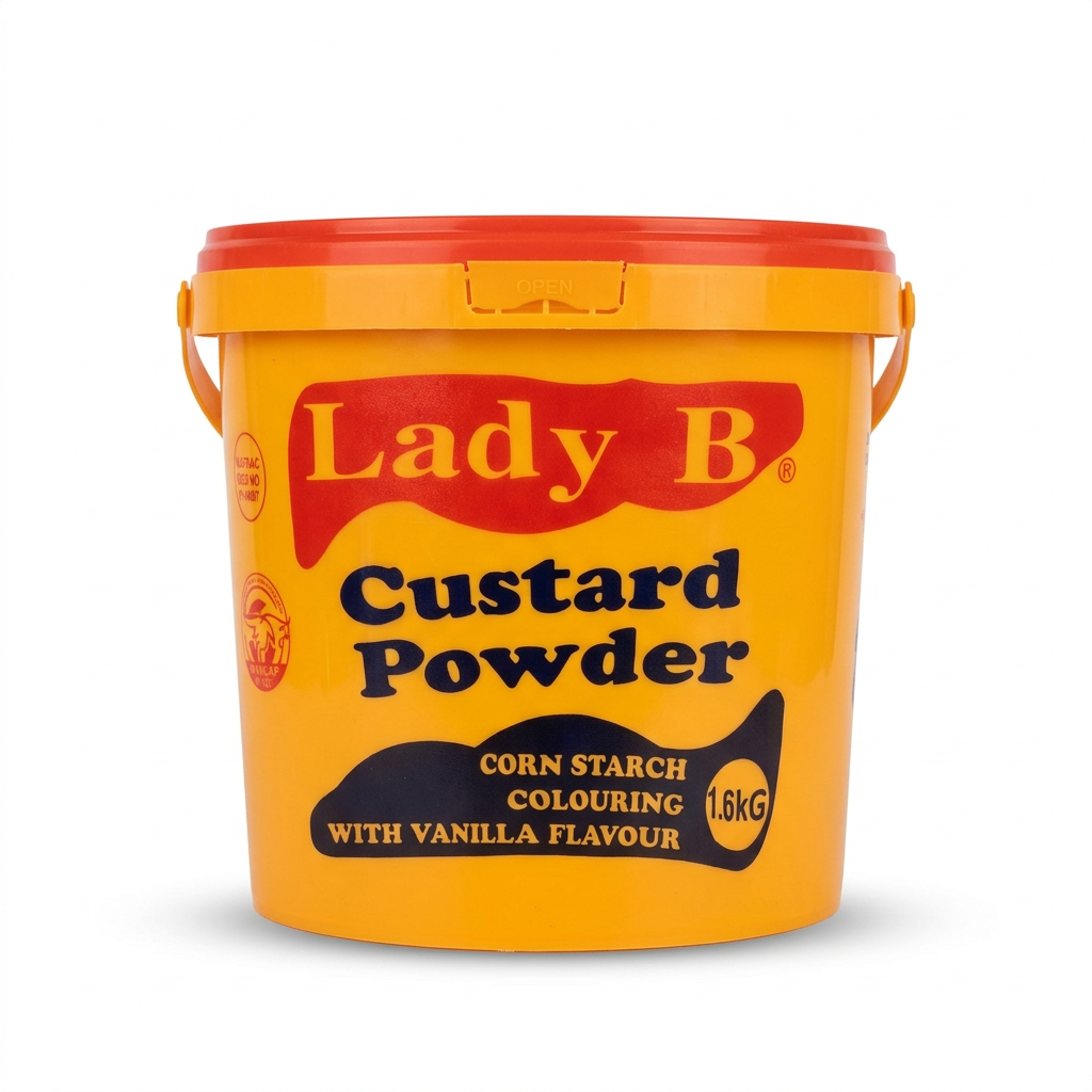 Lady B Vanilla Flavour Custard Powder 1.6kg bucket on a white background