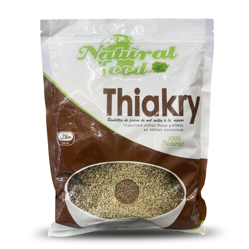Natural Food Thiakry millet couscous pouch on a white background