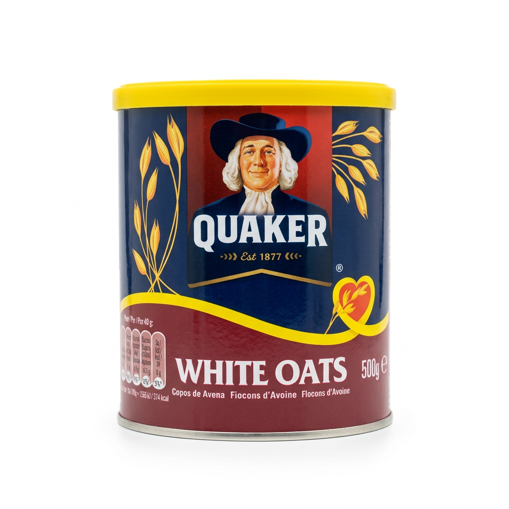 Quaker White Oats 500g tin on a white background